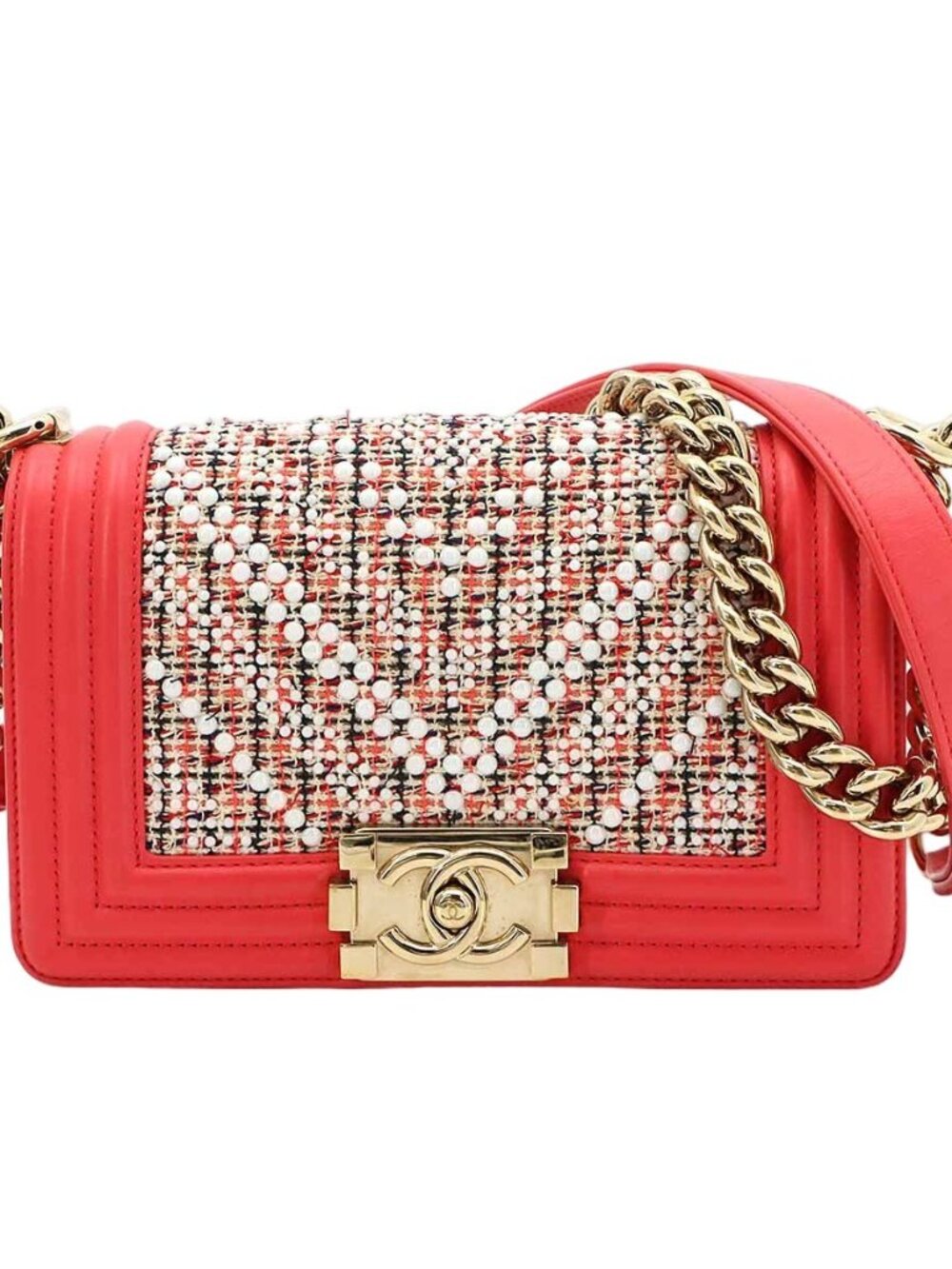 Chanel Small Chain Shoulder Bag Tweed Leather Pink White